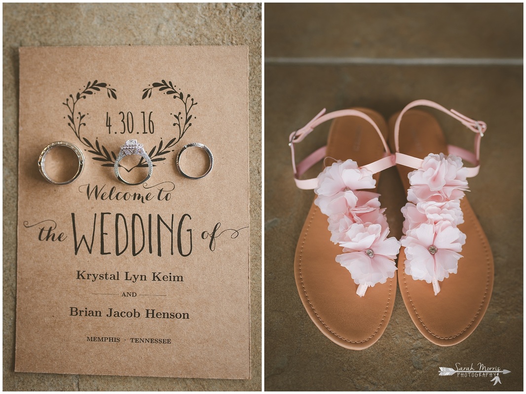 Bellevue Baptist Church wedding details: Wedding program with wedding rings and bride's pink shoes
