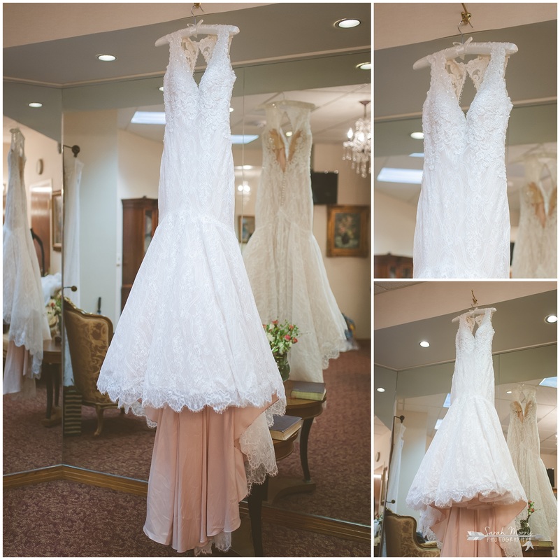 Bride's Allure Bridal gown hanging in the bride's room at Bellevue Baptist Church
