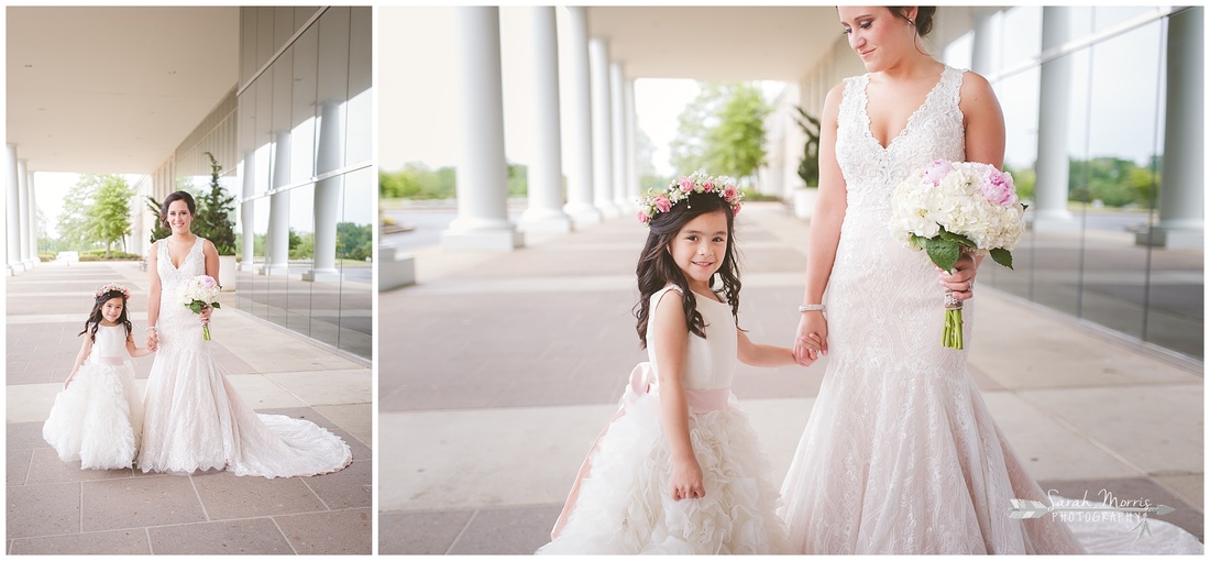 Bridal portraits with flower girl under the portico at Bellevue Baptist Church