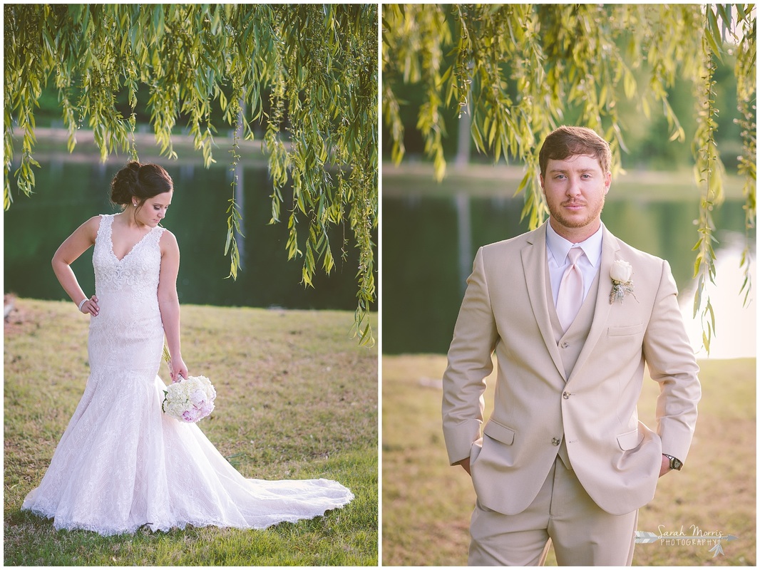 Formal bridal portraits of the bride and groom under a weeping willow tree at Bellevue Baptist Church