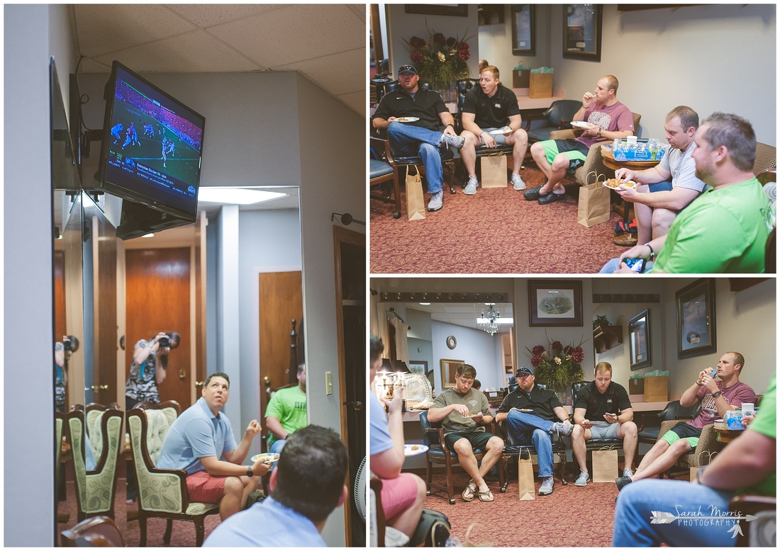 Groom and his groomsmen watching a football game in the groom's room at Bellevue Baptist Church