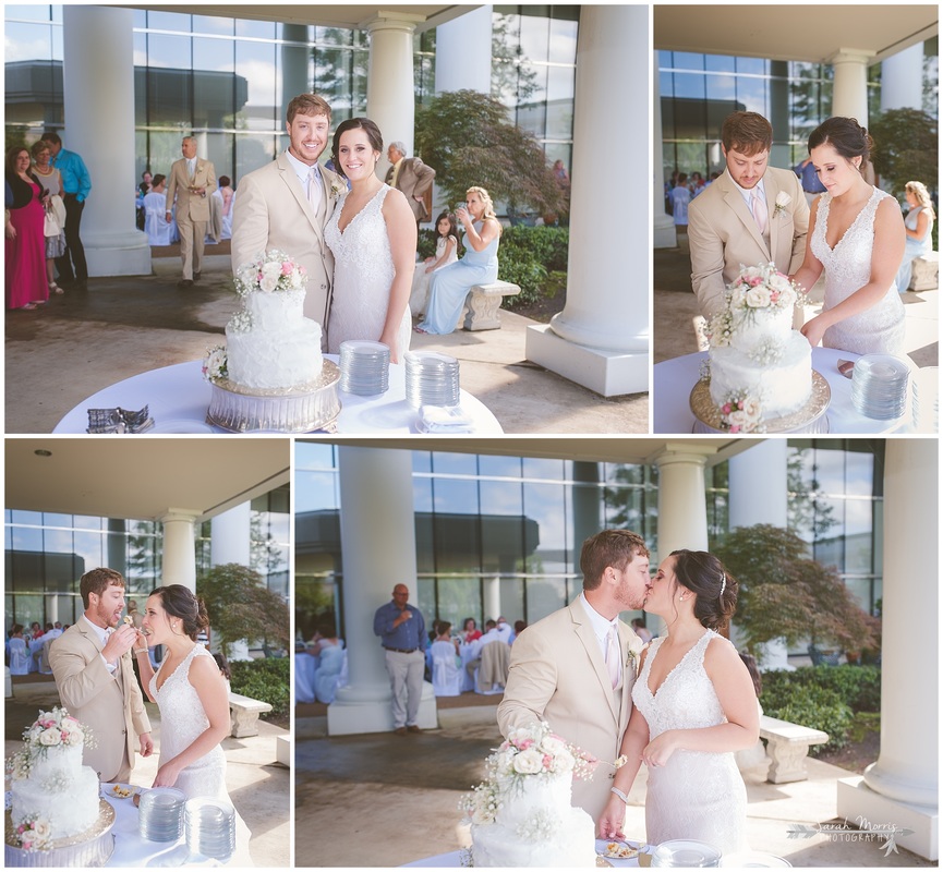 Bride and groom cutting the cake at their wedding reception in the courtyard at Bellevue Baptist Church