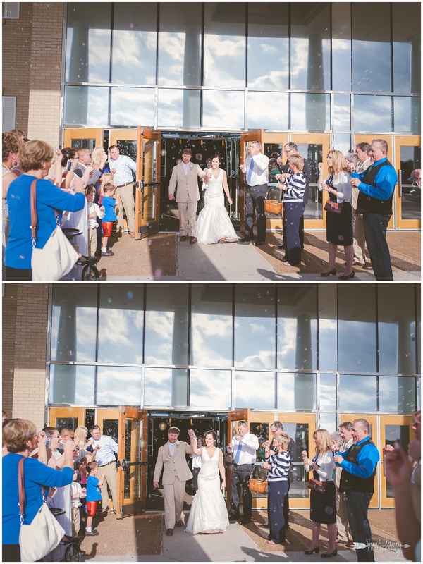 Bride and Groom leaving their wedding reception with a bubble send-off at Bellevue Baptist Church