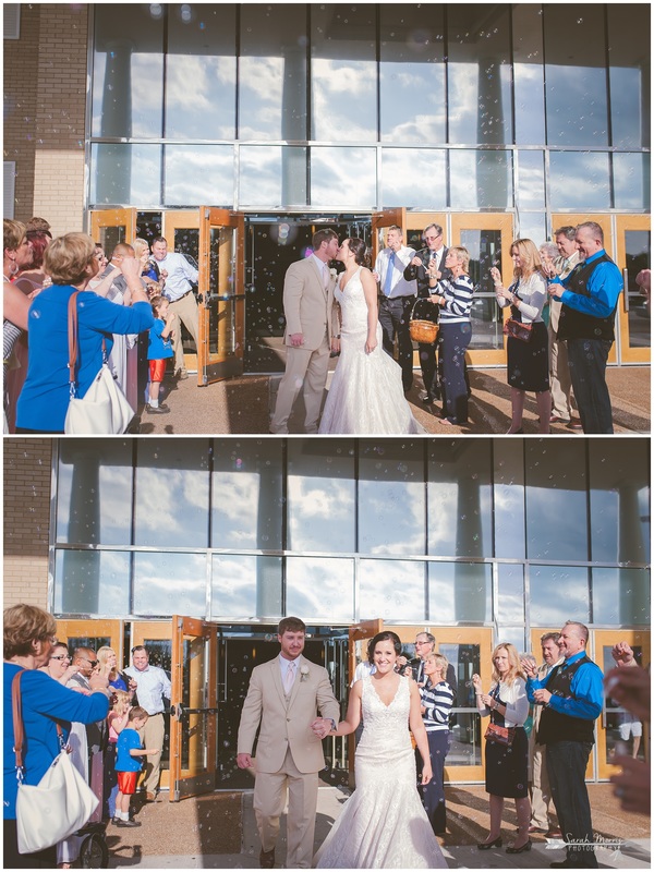 Bride and Groom leaving their wedding reception with a bubble send-off at Bellevue Baptist Church
