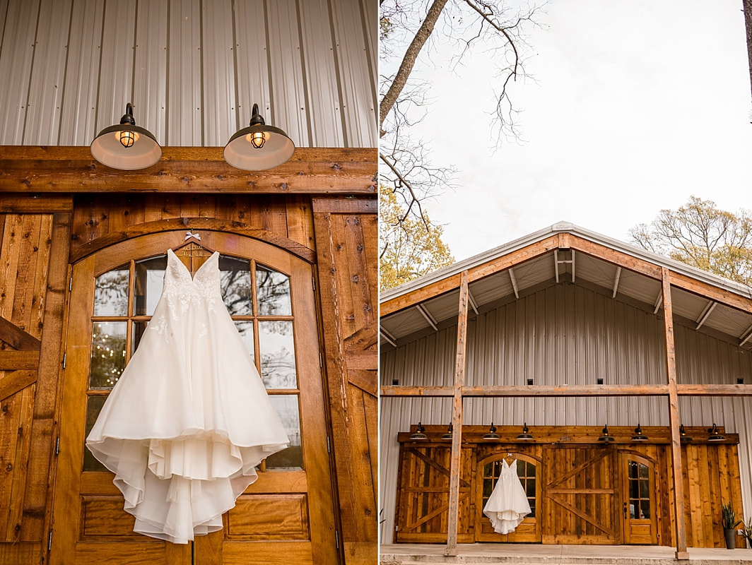 Maggie Louise wedding gown hanging on barn door at Avon Acres in Memphis, TN