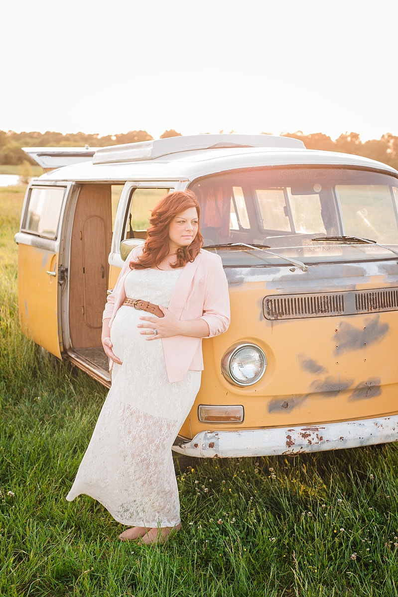 boho maternity photos with vintage yellow vw bus at Shelby farms park
