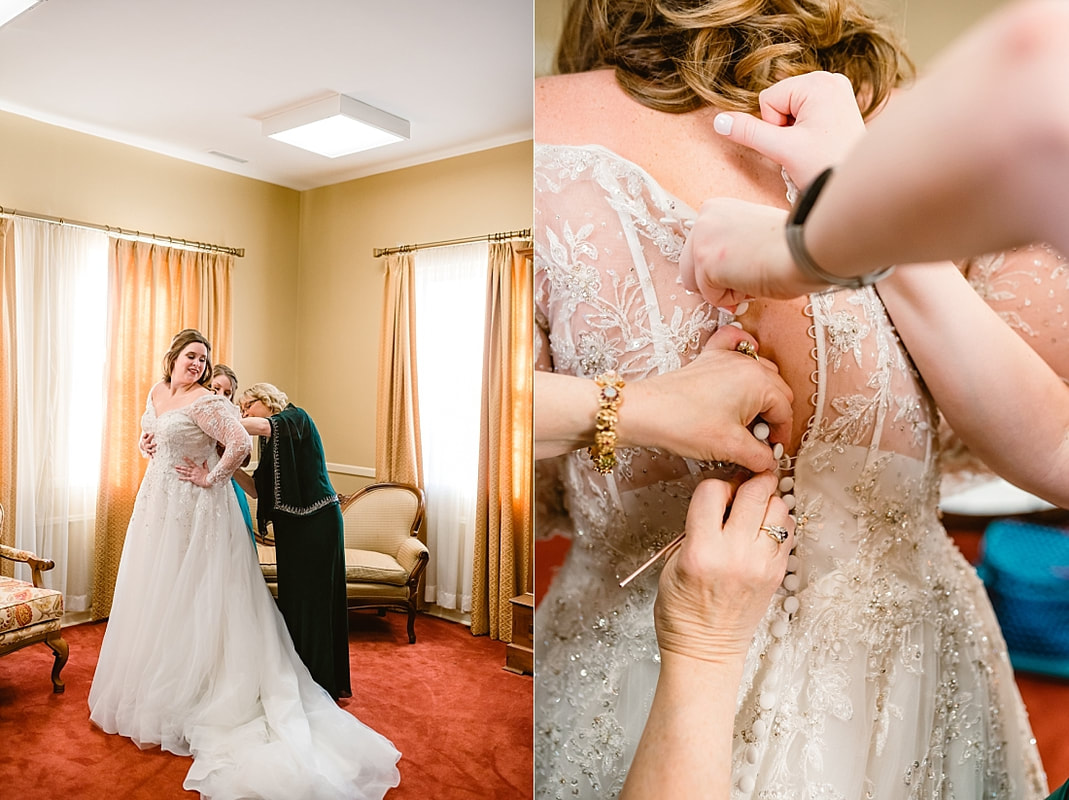 Bride getting into her wedding gown in Collierville, TN