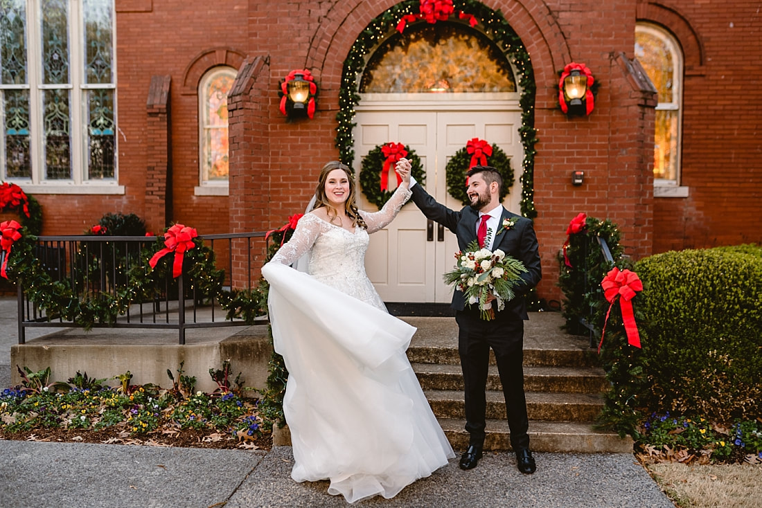 Wedding portraits at Collierville Time Square during Christmastime