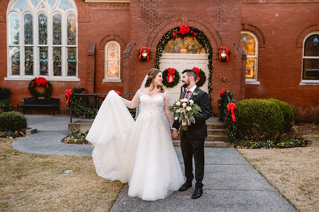 Wedding portraits at Collierville Time Square during Christmastime