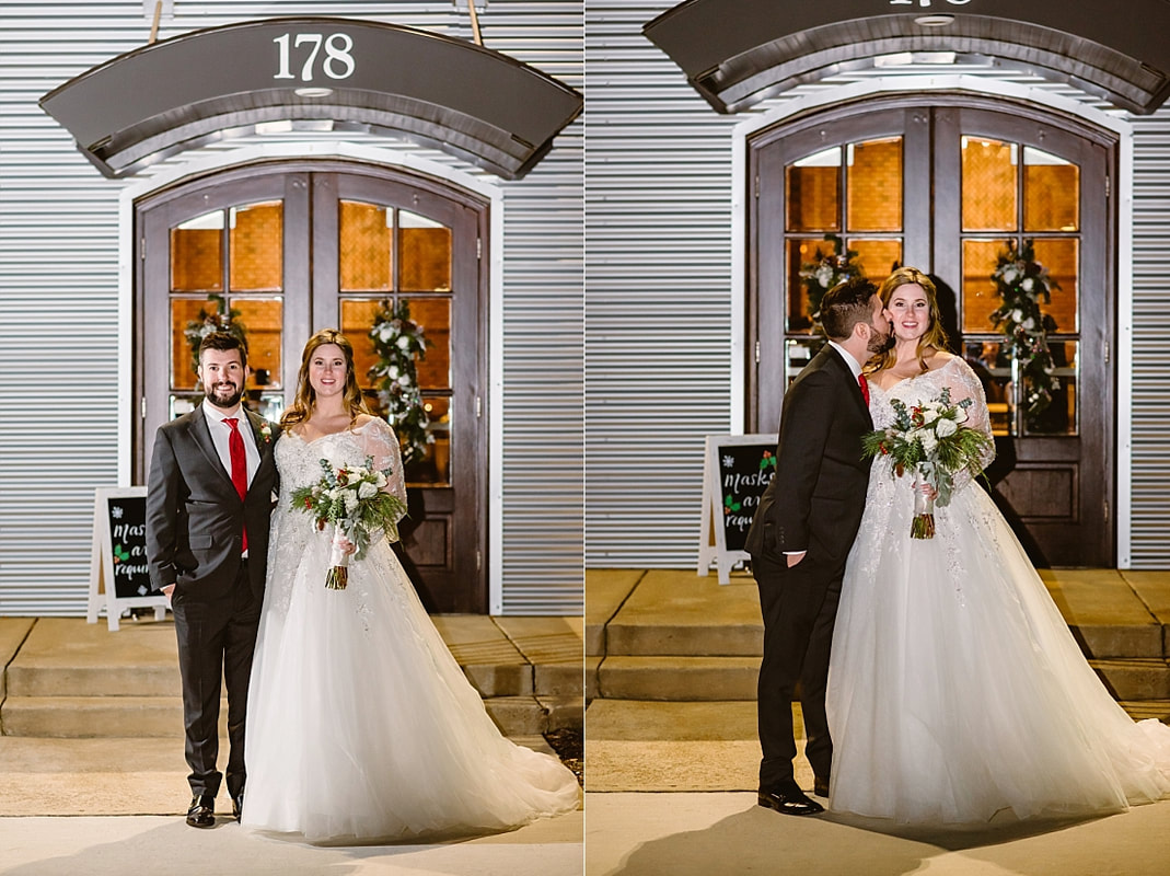 bride and groom in front of The Quonset in Collierville, TN