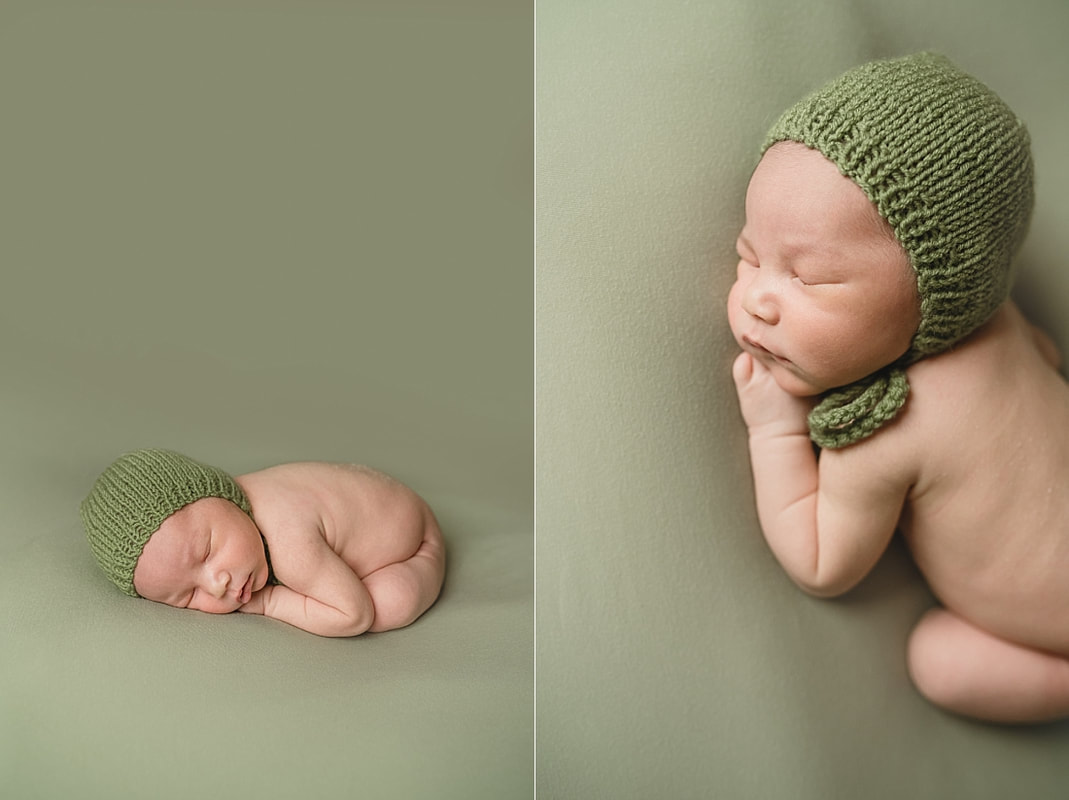 adorable newborn baby boy wearing green bonnet during memphis newborn photo shoot