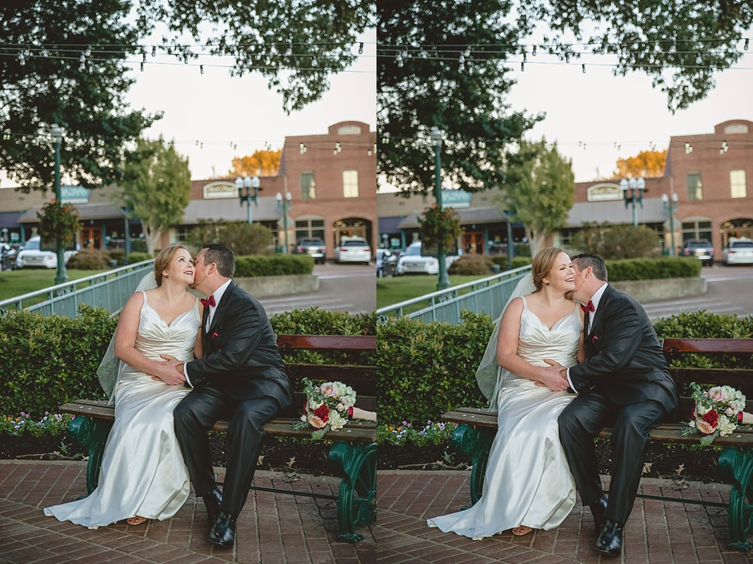 bride and groom sitting on bench at the Collierville Town Square