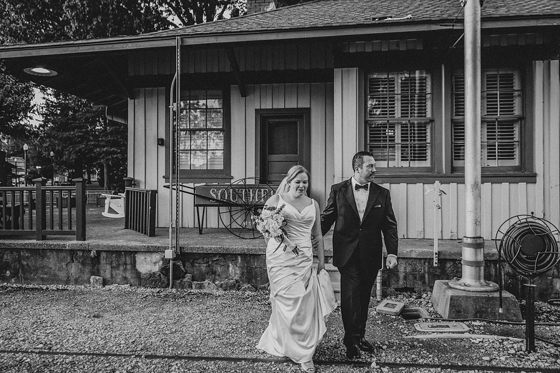 black and white wedding photos at the Collierville Town Square