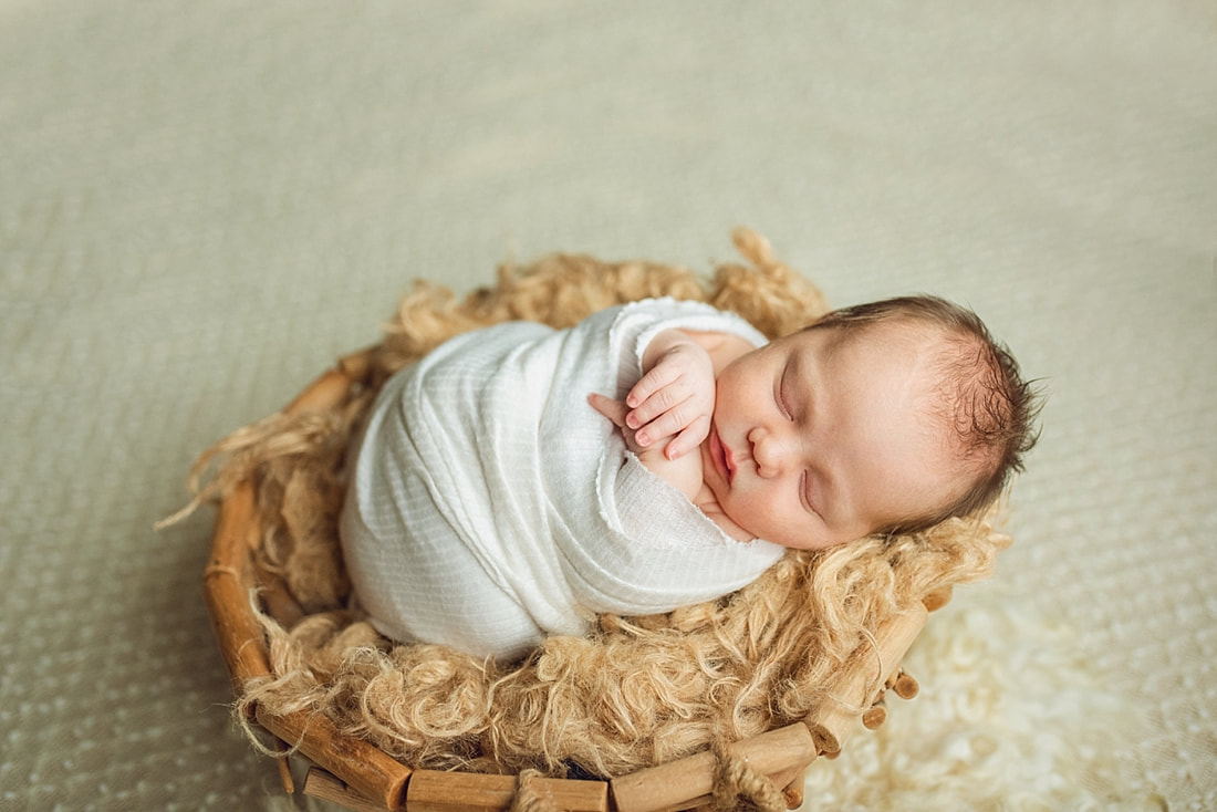 Baby boy posed in a basket during newborn photos with Sarah Morris Photography in Collierville, TN