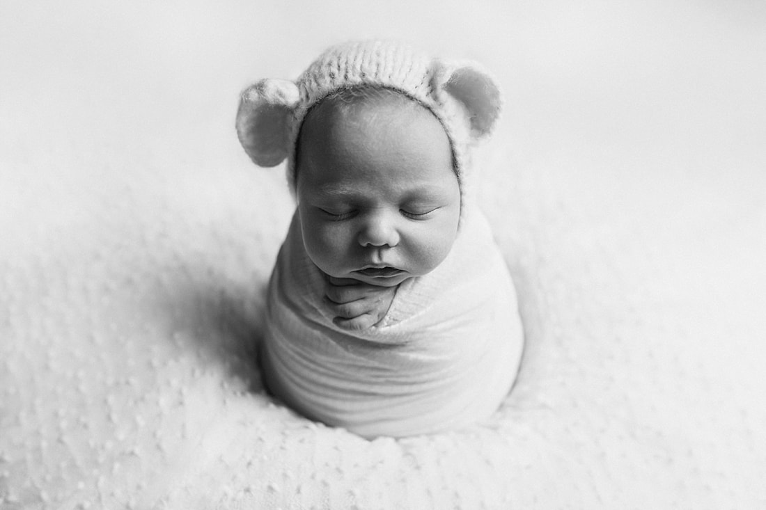 black and white newborn portrait of baby boy dressed up as a teddy bear during newborn photo session in collierville, tn