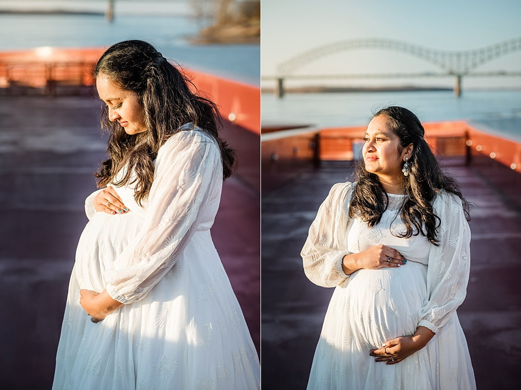pregnant mother standing in the sun by the mississippi river memphis