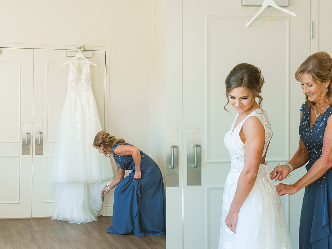 mother of the bride zipping up her daughter's wedding dress