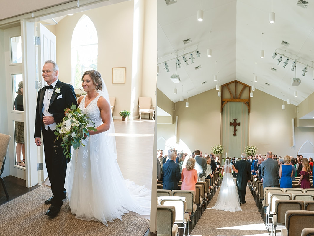 father walking his daughter down the aisle at st patrick pres church in collierville, tn
