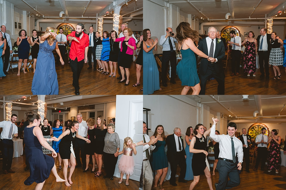 dancing wedding guests at the robinson gallery downtown memphis