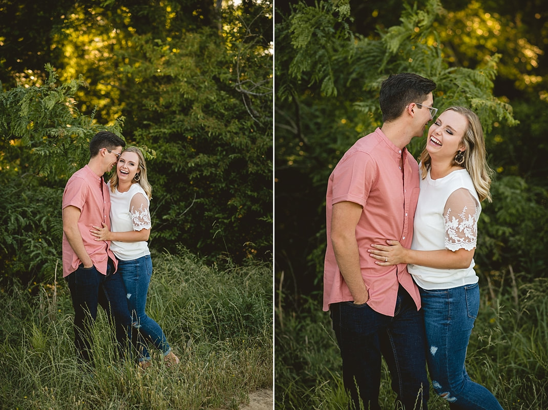 couple posing for engagement photos at shelby farms park in memphis, tn
