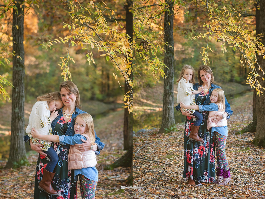 mother and daughters in fall leaves in collierville, tn