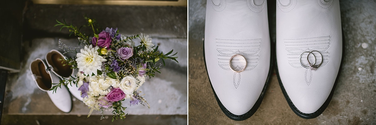 wedding rings, white cowboy boots, bridal bouquet, memphis wedding photographer