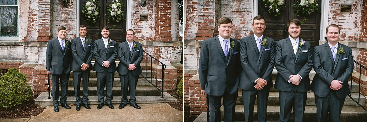 Groom with groomsmen portraits outside of Fillmore street Chapel, Corinth, MS