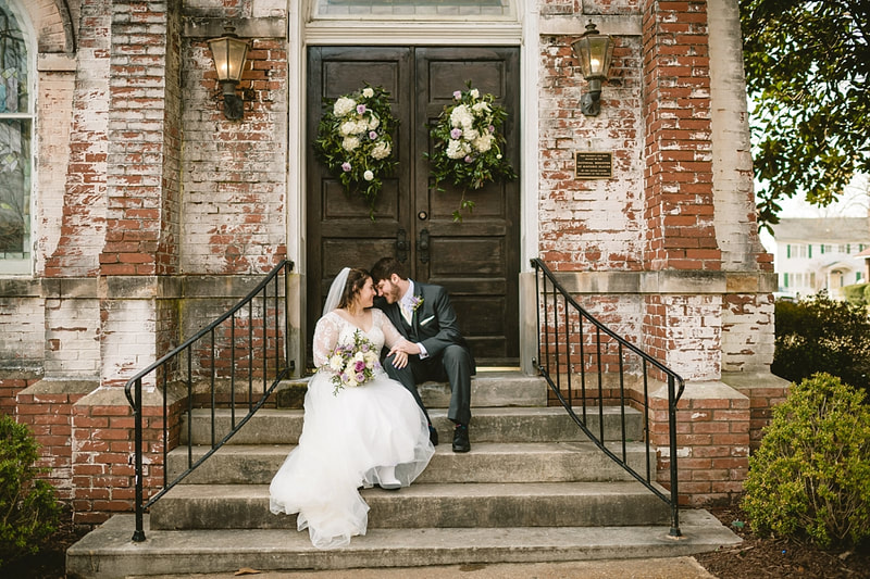 Wedding Photos on steps of Fillmore Street Chapel in Corinth, MS