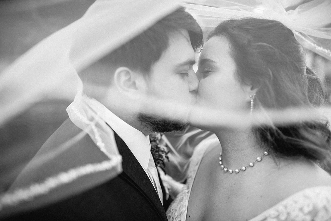 bride and groom kissing under wedding veil, sarah morris photography