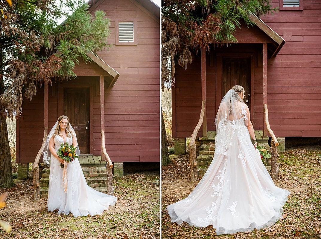 Bridal portrait in front of old school house at Green Frog Farm
