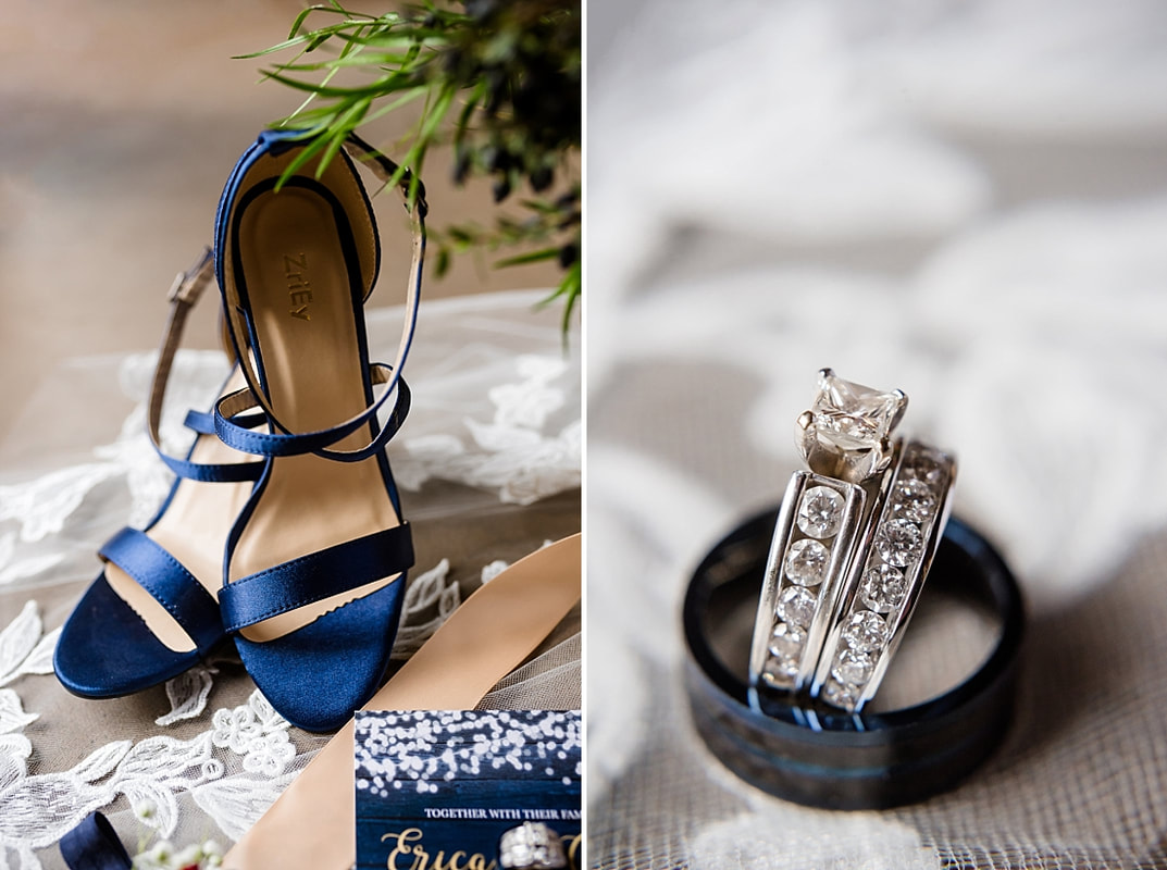 blue wedding shoes and wedding rings at green frog farm