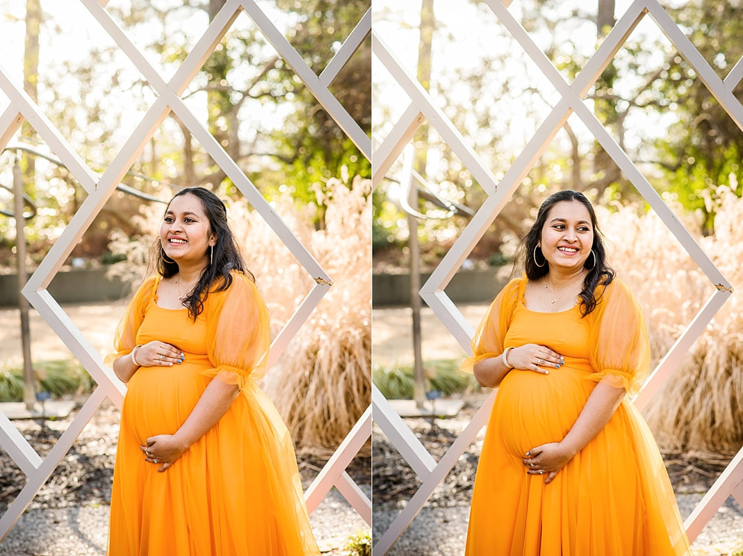beautiful momma wearing indian maternity dress at memphis botanic garden