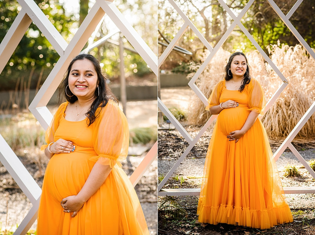 pregnant mother wearing indian dress for maternity portraits at memphis botanic garden