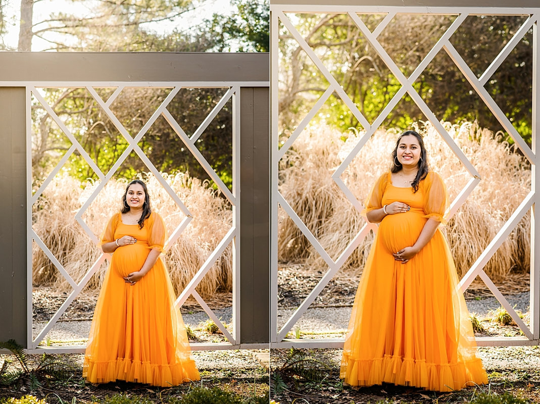 pregnant mother wearing indian dress for maternity portraits at memphis botanic garden