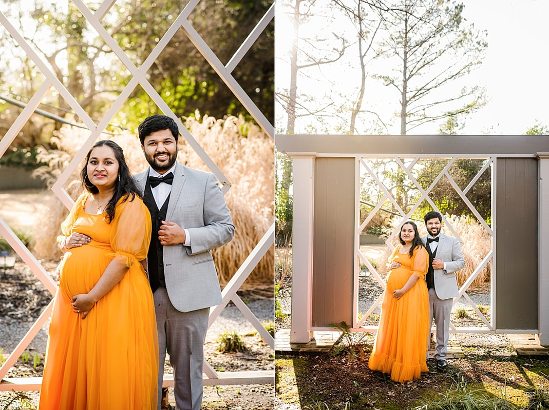 pregant mother wearing indian dress while father wears suit and bowtie at memphis botanic garden