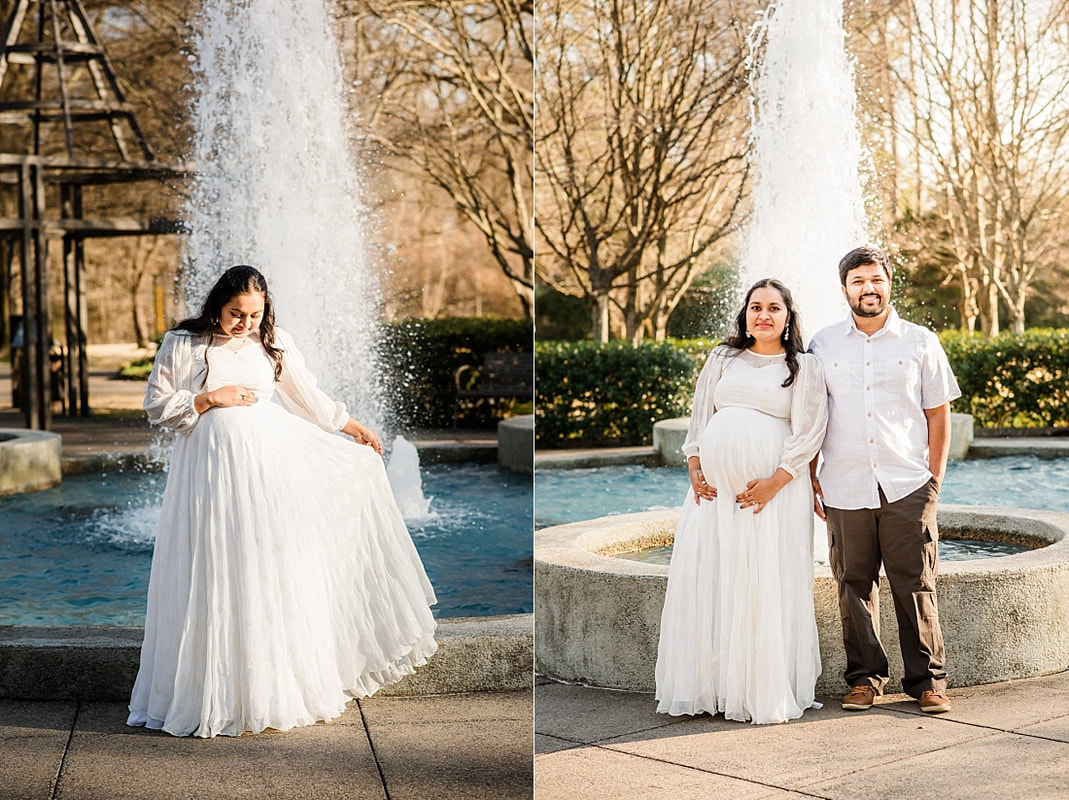 father and mother dancing by the fountain during maternity photo session at memphis botanic garden