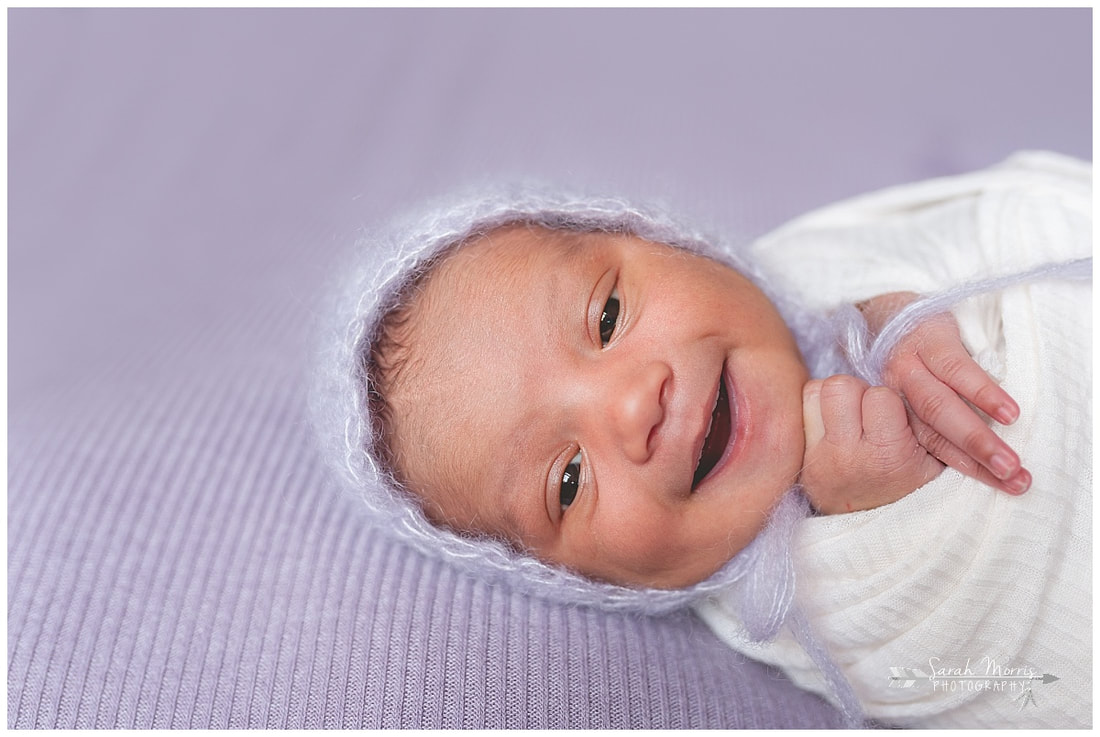 newborn photos of baby girl on purple blanket wearing a bonnet