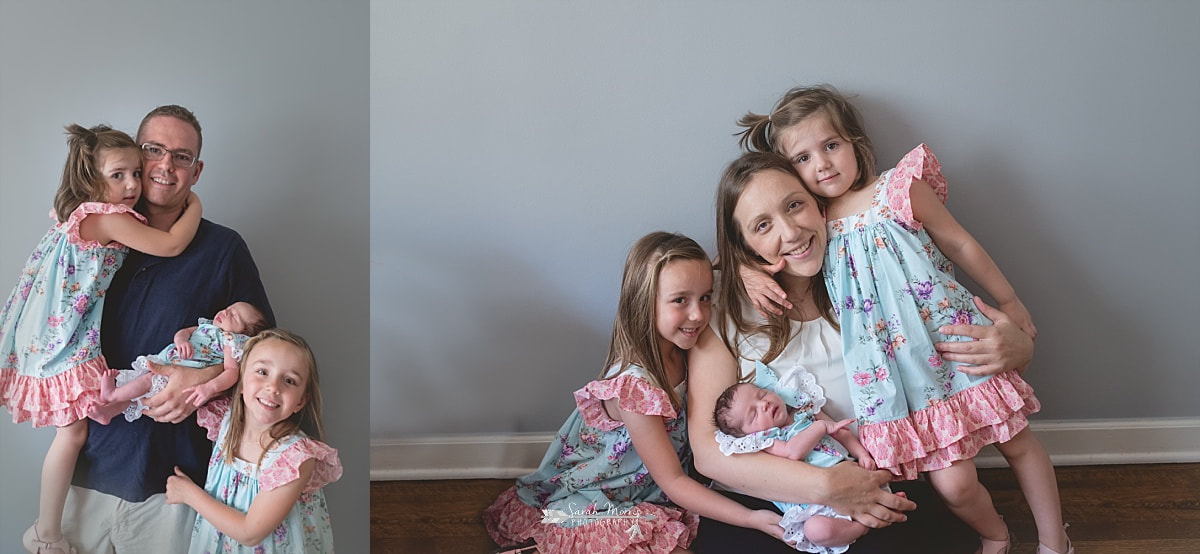 collage of 2 pictures, first being dad with all three girls and second is mom with all 3 girls at newborn baby sister's photo session