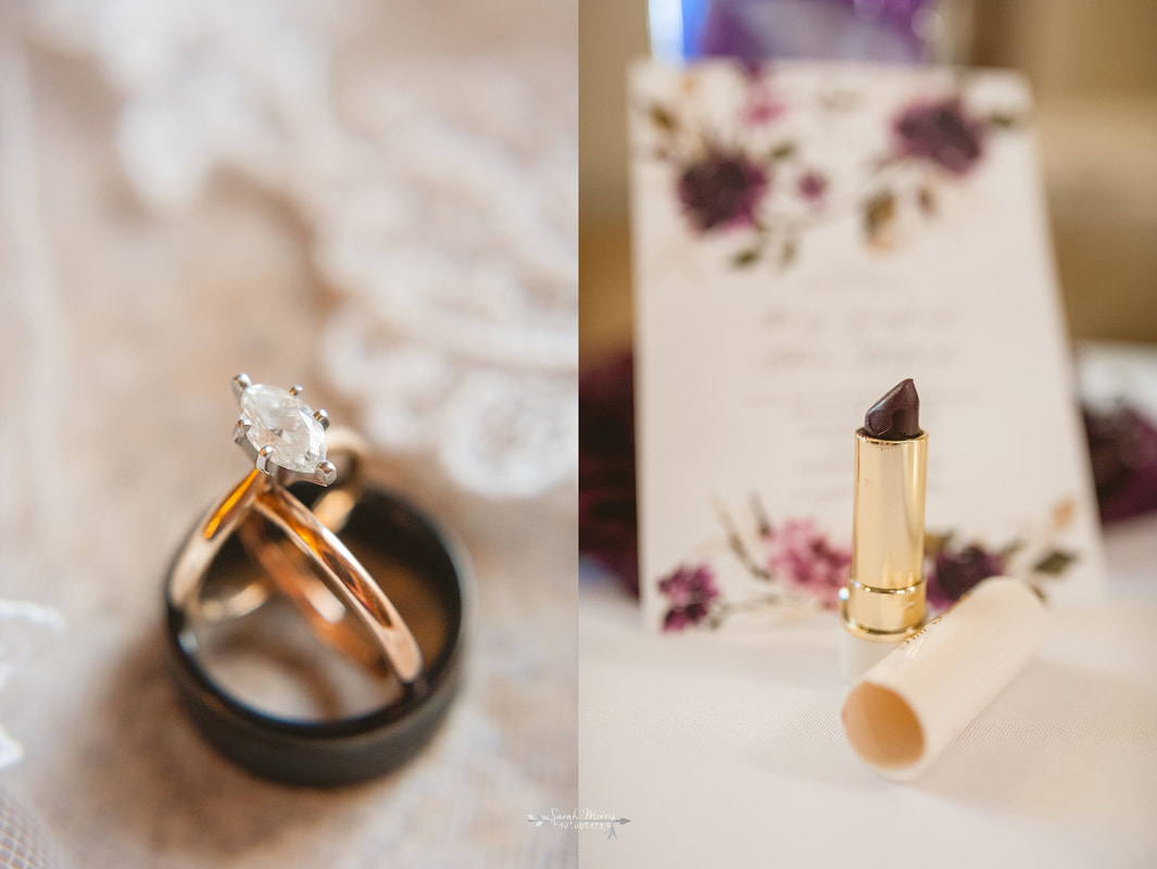 wedding rings, wedding veil, wedding invitation and lipstick at Overton Chapel, Memphis Wedding Photographer