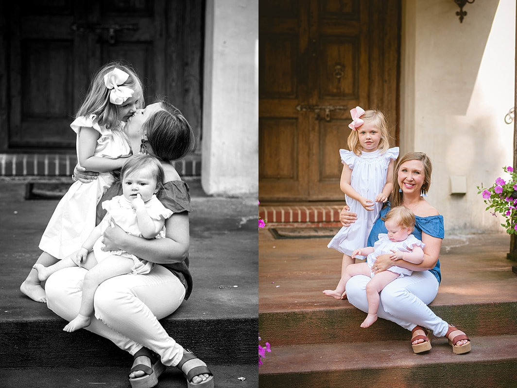 mother snuggling with her daughters on the front steps during in home lifestyle family session in collierville, tn