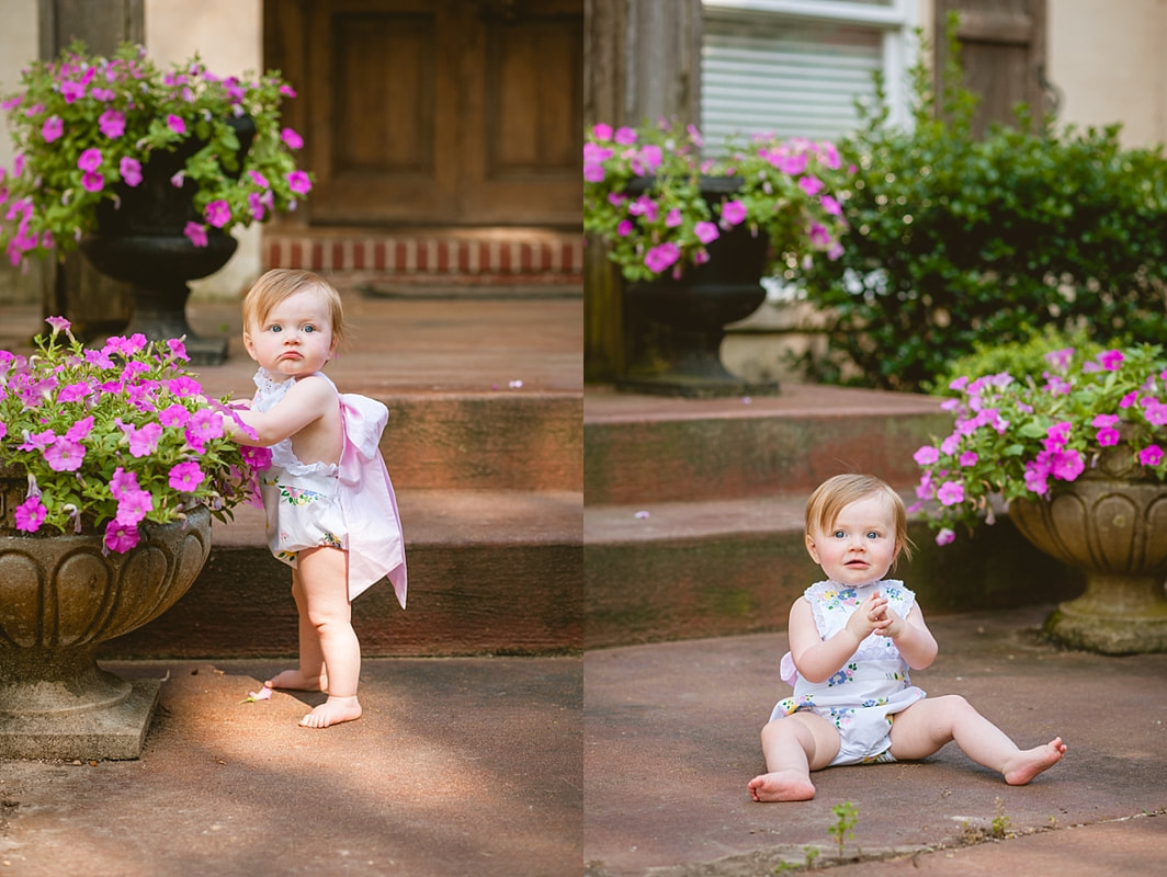 baby girl's first birthday portrait in monogrammed bubble on the front porch during in home lifestyle family session in collierville, tn