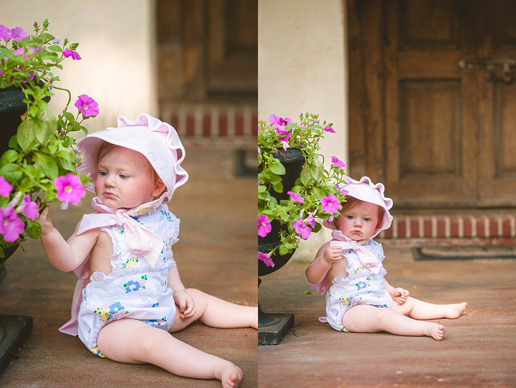 baby girl's first birthday portrait, wearing a monogrammed bubble and Beaufort bonnet on the front porch during in home lifestyle family session in collierville, tn