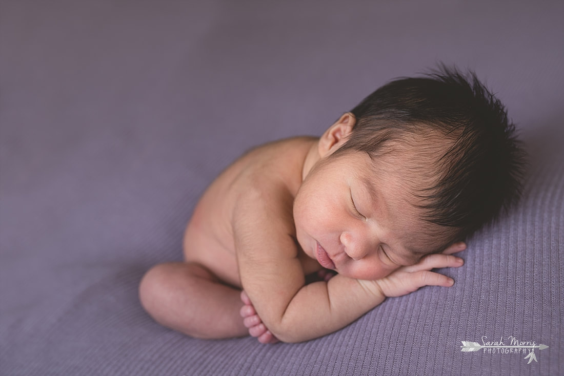 Newborn baby girl with a head full of black hair sleeping on purple blanket during the posed portion of her newborn session