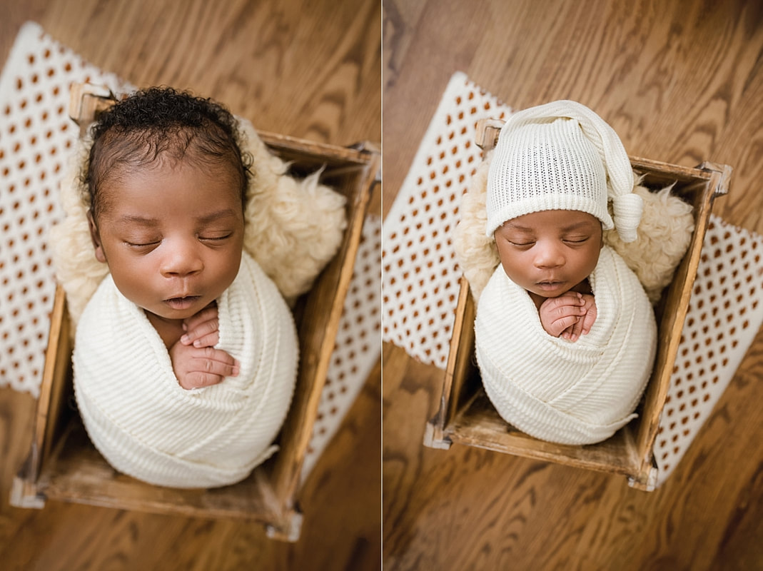 newborn baby sleeping in wooden box for newborn session with sarah morris photography