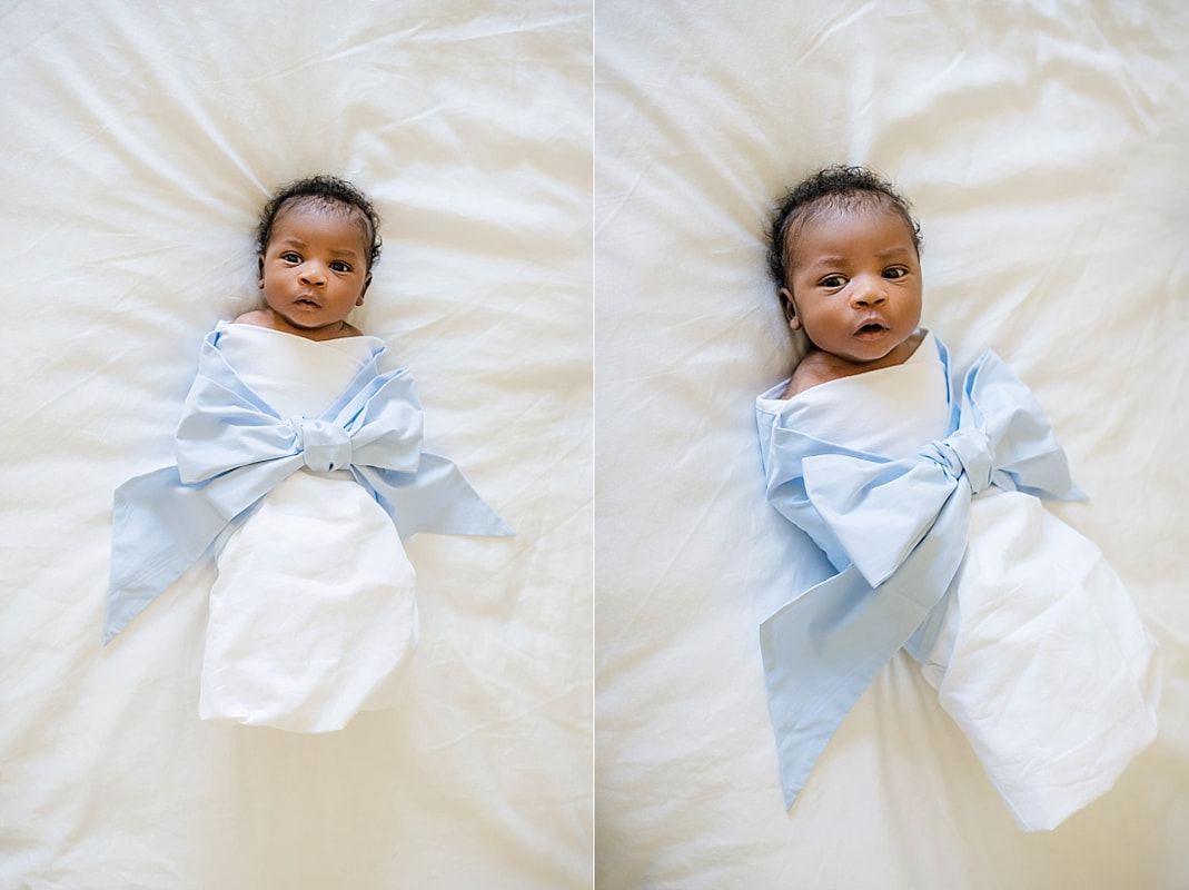 Baby boy wrapped in a Bow Swaddle by The Beaufort Bonnet Company for newborn photos in Collierville, TN