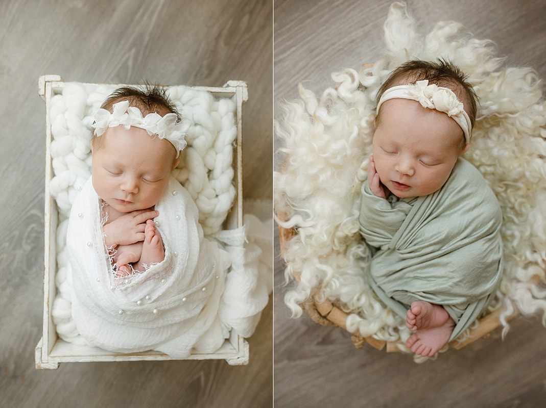 baby girl wrapped in green, sleeping in basket for newborn photos in Memphis, TN