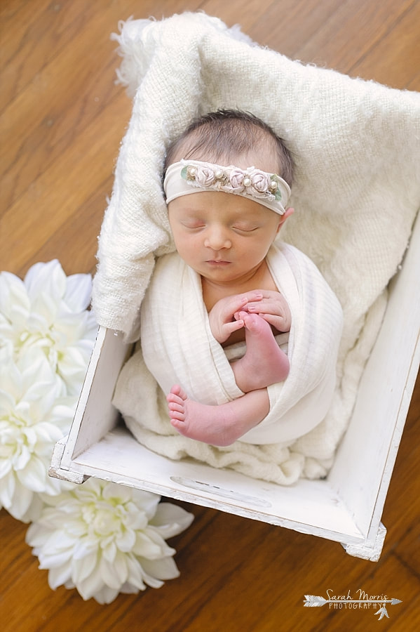 Newborn Photography | Newborn photo of baby girl posed in a white wooden box with white flowers at her Newborn Photo Session in Memphis, TN