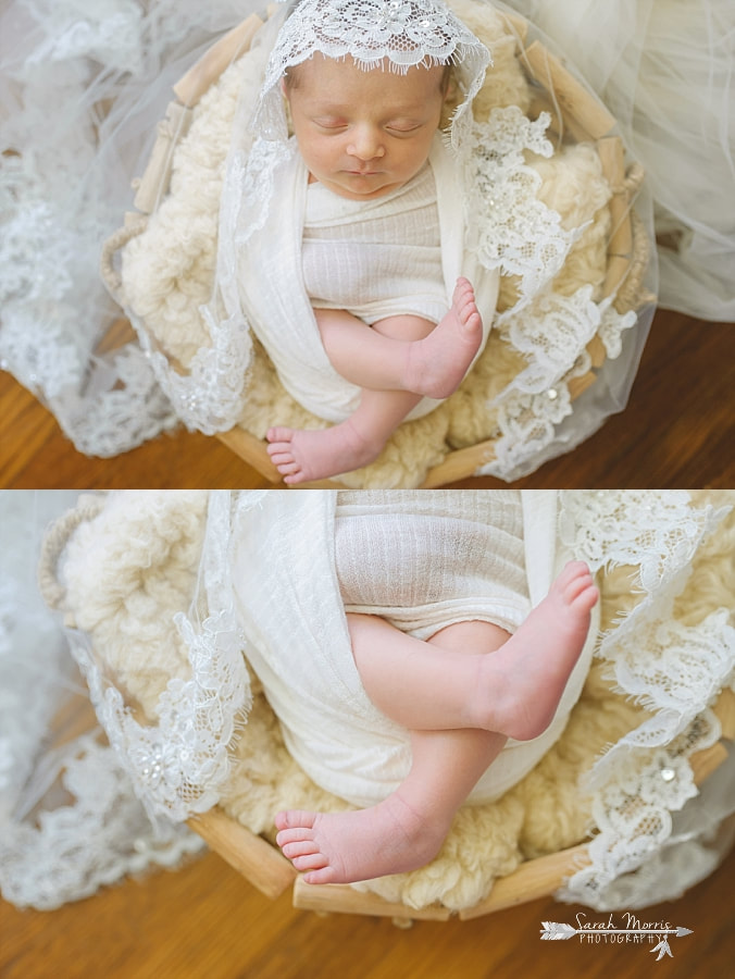 Newborn Photography | Newborn photo of baby girl posed in a basket with mom's wedding veil at her Newborn Photo Session in Memphis, TN