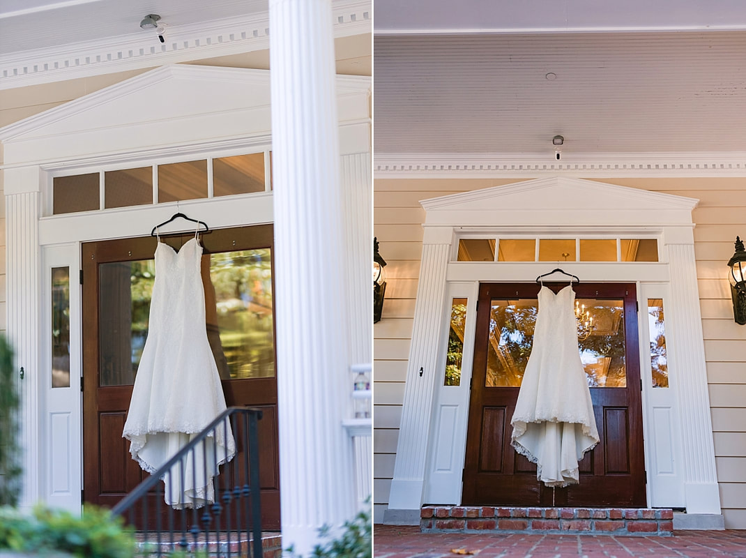 Wedding dress hanging on the front door at Orion Hill in Arlington, TN
