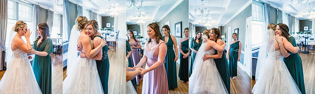 Bride's first look with her bridesmaids + Pink Palace Wedding + Memphis, TN